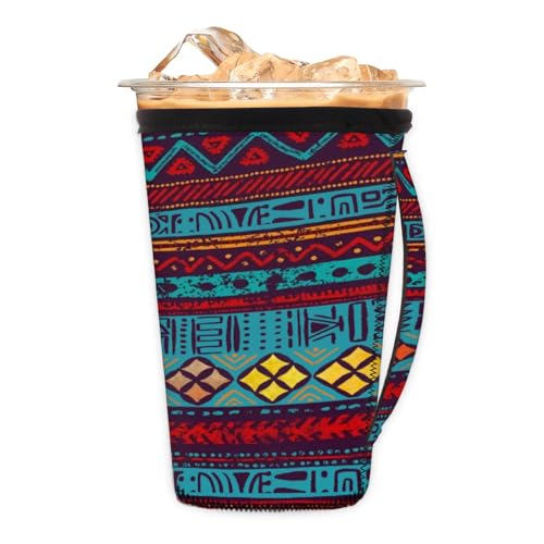 Vintage Aztec Stripes Reusable Neoprene Coffee Sleeve with Handle Insulated Iced Coffee Cup Holder Reduces Condensation Fits 24-28 oz Cups M