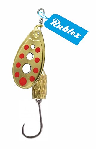 Rublex - Pack de 5 Cucharillas de Pesca C-Turbo-2 OPR | Cebo Artificial de Pesca con Anzuelo Simple sin Muerte, Sistema de Clip y Acción de Giro Mejorado, Oro Puntos Rojos, 3'5gr Cover