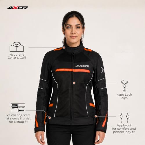Image of Axor Divazz Women Motorcycle Riding Jacket, CE Armour Protective Bike Jacket, All-Weather Touring Riding Gear with Ventilation Panels, Black Orange, L