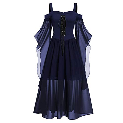 Vestido feminino de malha com cadarço, ombro vazado, manga de lanterna gótica para cosplay, fantasia
