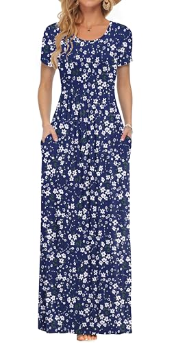 Image of AUSELILY Women's Summer Short Sleeve Loose Plain Casual Long Maxi Dresses | Year Round wear solid floral print, Casual wear, Empire waist, Floor length, Side pockets