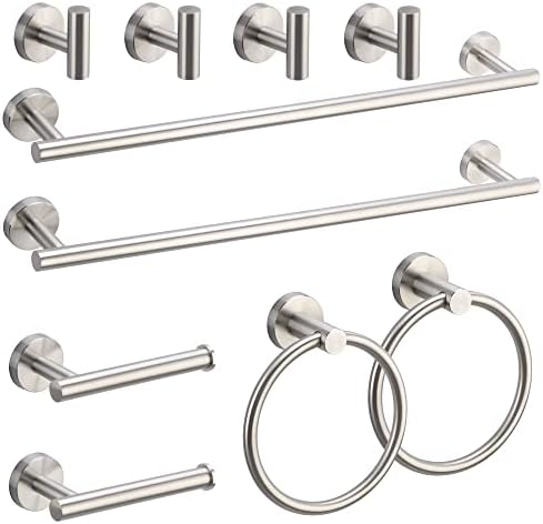 10 Piece Bathroom Hardware Set, 24-Inch Pairs of Towel Bars, Towel Rings, Toilet Papers Holders, and Robe Towel Hooks, Stainless Steel Bathroom Kit - Bathroom Accessory Set - Silver