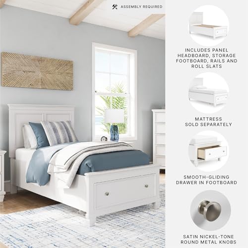 Image of Signature Design by Ashley Fortman Twin Panel Storage Bed, White | Wood and engineered wood, 1 extra deep footboard drawer, Includes roll slats, Traditional style, Youth bedroom furniture