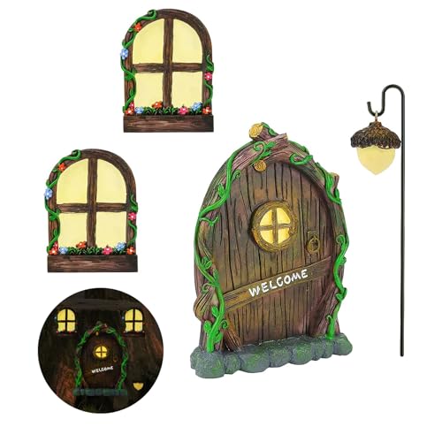 Toromiu Fairy Door and Windows for Trees Outdoor Glow in The Dark Fairy Doors Miniature Fairy Garden Accessories Yard Art Sculpture Decoration Fairy Garden Decor with Lantern for Outside Patio