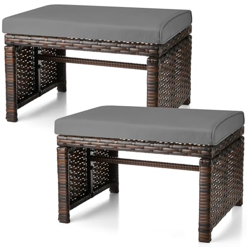Beeveer GRE-BEEVEER-1758 2 Pcs Patio Rattan Ottomans Outdoor Wicker Ottomans Patio Footstool Footrest cover
