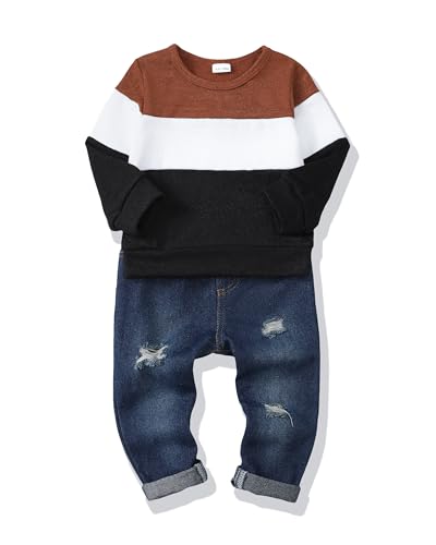 4T Boys Clothes Toddler Boy Clothes 5T Boy Outfits Kids Winter Color Block Brown Splice Long Sleeve Boys Sweatshirt Denim Pants Fall Jeans 4 5 Year old Clothing