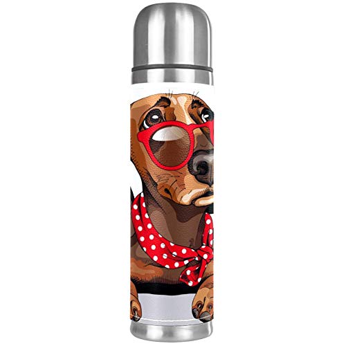 Botella de agua de acero inoxidable con diseño de perro salchicha con lentes de sol, diseño de lunares, bufanda, a prueba de fugas, termo aislado para bebidas frías y calientes, 500 ml, para oficina