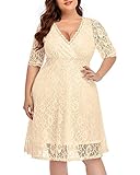Women's Plus Size Wedding Guest Cocktail Party Semi Formal Lace Wrap V Neck Knee Length Dress Champagne Size 20