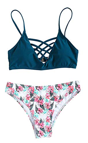 SweatyRocks Women's Bikini Set Ocean Floral Print Criss Cross Bathing Suit, Ocean, Large