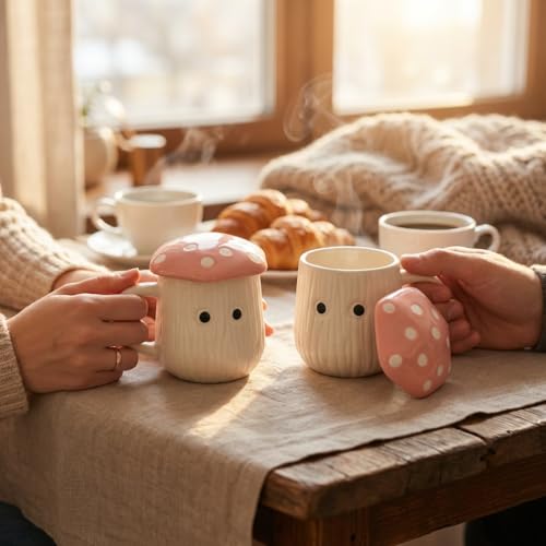 Image of Pink Mushroom Ceramic Mugs with Lid Set of 2 | 300ml Coffee Tea Cups Polka Dot | Microwave Dishwasher Safe | Valentine Couple Gift | Home Decor Kitchen Dining Handmade India