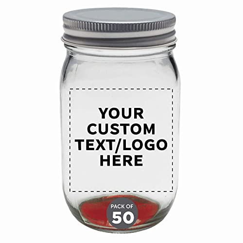 DISCOUNT PROMOS Custom Mason Jars with Lids 16 oz. Set of 50, Personalized Bulk Pack - Glass Jars for Overnight Oats, Candies, Fruits, Pickles, Spices, Beverages - Red