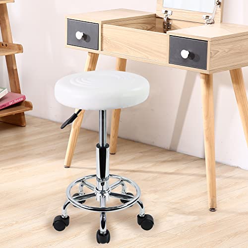 KKTONER PU Leather Modern Round Rolling Stool with Footrest Height Adjustable Spa Drafting Salon Tattoo Work Massage Stools Task Chair Small (White) - Thumbnail 2