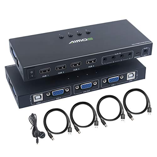 Switch KVM de VGA Puertos, 4 Entrada 1 Salida USB Conmutador KVM Compatible con Resolución 1920 * 1080 @ 60Hz, para 4 Computadoras Compartir Teclado y Monitor del Mouse