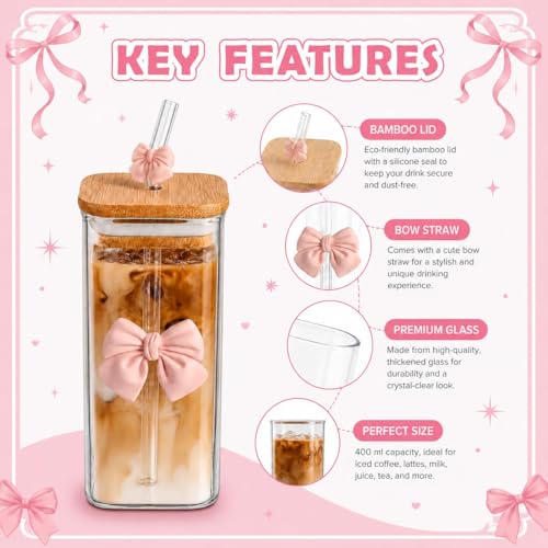 Image of FUNKYFINDS 1 Set Coquette Pink Bow Glass Cup with Bamboo Lid and Bow Straw for Women, Coquette Drinking Tumbler Bow Square Cup for Girlfriend Besties Women Bithday Gifts, Party Favors