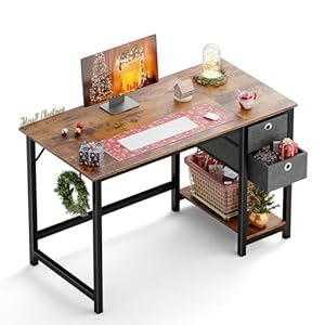 OLIXIS Computer Desk with Drawers 48 Inch Office Small Spaces Table Home Writing Simple Modern Work PC Student Wooden Desktop with Headphone Hook Side Bag for Bedroom, Home, Room, Rustic