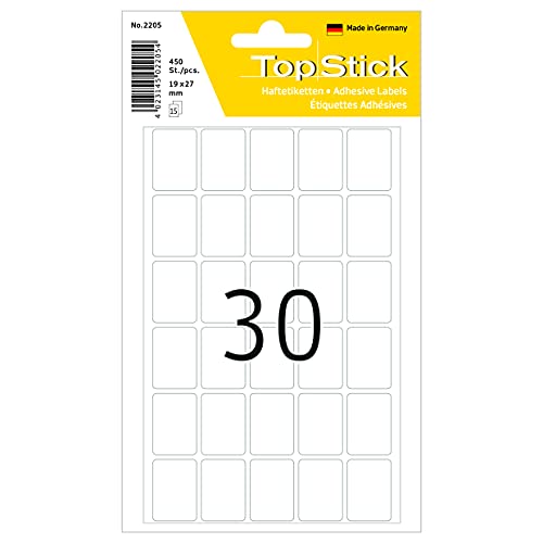 TopStick 2205 Haushaltsetiketten mini, 10er Set (19 x 27 mm, 150 Blatt, Papier, matt) selbstklebend, permanent haftende Vielzweck-Etiketten zur Handbeschriftung, 4.500 Klebeetiketten, weiß Cover