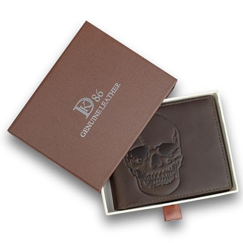 Image of DK86 Mens Wallet USA Flag Bifold Wallet for Men RFID Blocking Extra Capacity Multiple Card Slots with 2 ID Windows (vintage coffee with skull)