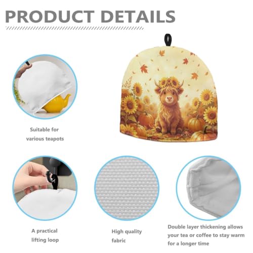 Image of Highland Cow Sunflower Tea Cosy Fall Home Kitchen Accessory Tea Pot Dust Cover Breakfast Warmer Insulated Kettle Cover Thanksgiving Decor