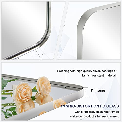 Andy Star Chrome Mirror For Bathroom, 22"X30"Metal Frame Wall Mirror, Rectangular Stainless Steel Rounded Corner Mirror With 1" Deep Set Design Hangs Horizontal Or Vertical #TOP3