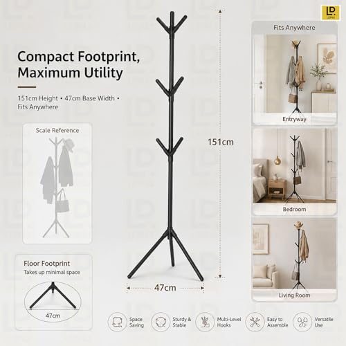 Image of LEOPAX 9 Hook Coat Hanger Stand for Clothes, Bags, Hats & Umbrellas | Freestanding Tree Coat Rack | Modern Standing Garment Organizer for Living Room, Bedroom, Office - Black