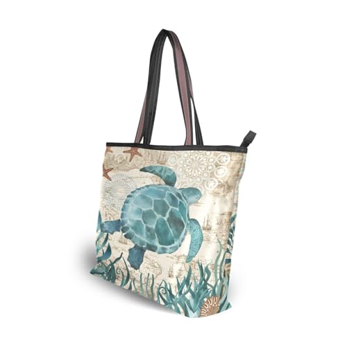 Image of Women Turtle Tote Bag Polyester Handbag Zippered Tote Bag Turtle Tote Purses,Summer Beach Tote Bag