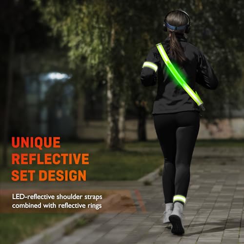 HENMI LED Reflective Belt Sash with Two Arm Reflective Tapes,3 Light Modes Adjustable Length Rechargeable Reflective Running Gear for Men Women Running Cycling Walking and Dog Walking(Green)