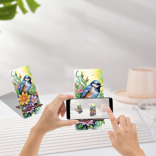 Image of Flower and Bird Diamond Painting Phone Stand with Mirror, DIY Wooden Diamond Art Desktop Holder, 2-in-1 Diamond Painting Tabletop Ornament - Phone Stand and Mirror for Home and Office