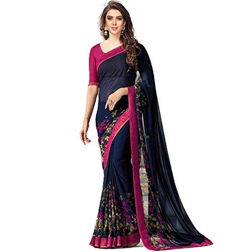 Women's Georgette Printed Sarees Jequard Lace Work Saree With Blouse Piece (NEW,A15 Blue Pink Multicolored_Free Size 6.30 Mtr)