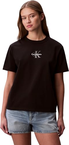 Calvin Klein Camiseta de Manga Corta Mujer Classic Logo tee de algodón, Negro (Black), L