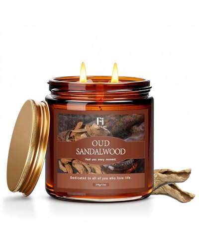 Oud & Sandalwood Scented Candle 13 oz Soy Wax Candle with Cotton Wick 76-Hour Clean Burning Non-Toxic Woodsy Scent for Relaxation & Focus Aromatherapy Candle Housewarming Gift