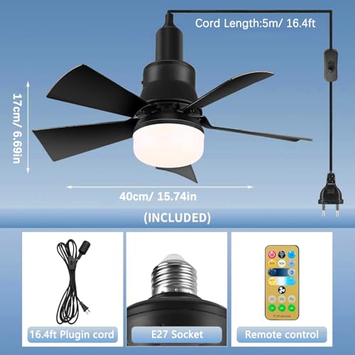 Ventilateur de plafond E27 avec télécommande et câble de 5m noir pour chambre