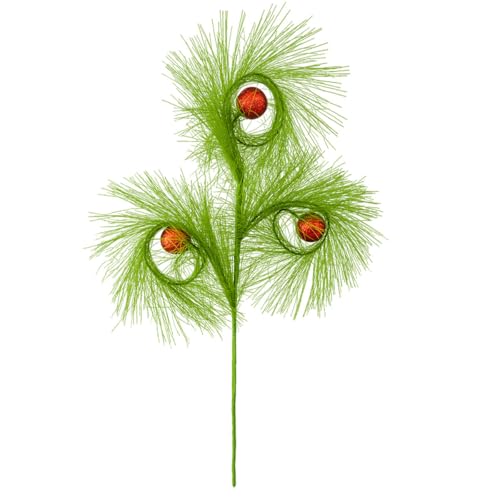 8 Pack Christmas Decoration Peacock Feather-Shaped Artificial Reed - Bendable Shapable Green Faux Feather Garland with Glittering Red Balls for Christmas Tree, Mantel, Party, Gift Decor