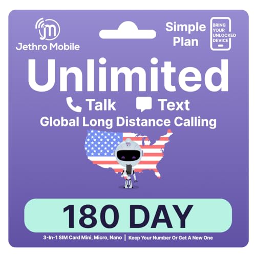 Save 16 Now! Jethro Mobile 6 Month Prepaid Plan, Unlimited Talk & Text Only, International