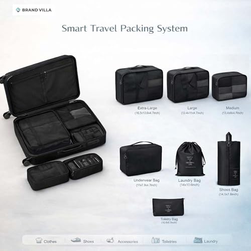 Image of BRAND VILLA 7 Pcs Travel Organizer Set Packing Cubes Luggage Organizer Bags with Shoe Bag, Laundry Pouch & Toiletry Bag for Clothes, Shoes, Accessories, Lightweight Travel Storage for Suitcase (Black)