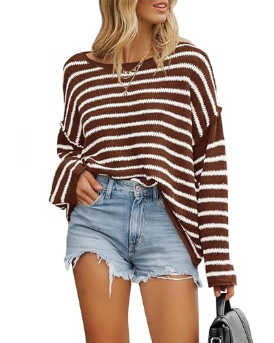 BTFBM Women's Striped Knit Sweaters 2025 Spring Fall Boat Neck Off Shoulder Long Sleeve Oversized Casual Pullover Tops