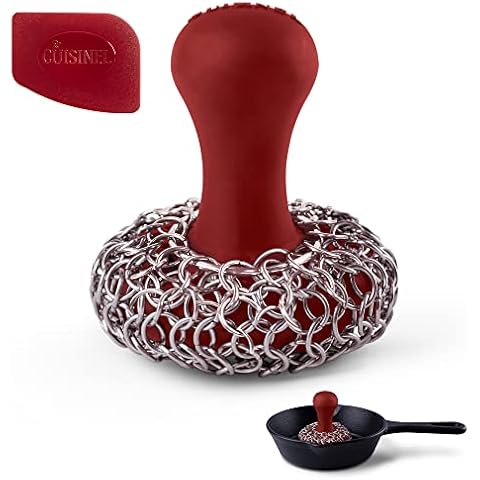 Cuisinel Cast Iron Chainmail Scrubber + Pan Scraper - The Patented Original Ergonomic Stainless & Silicone Pot & Skillet Cleaner - Premium Food-Safe Design - Easy Clean Dishwasher Safe Cookware Sponge Cover