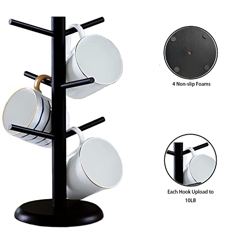 Dorhors Mug Tree,Coffee Cup Holder with 6 Hooks,Wood Mug Holder for Counter,Coffee Bar Accessories and Orgnizer station (Balck)