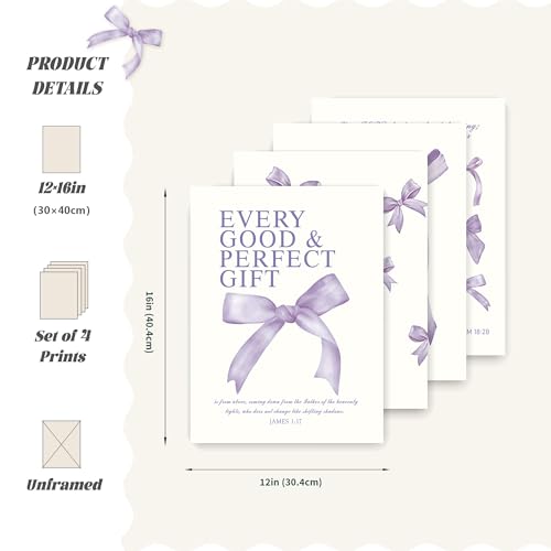 Image of LARTSFRO Coquette Purple Bow Wall Art Decor Posters, Purple Bow Room Bedroom Bathroom Dorm Wall Art Decor Aesthetic for Teen Girls Gifts, Inspirational Bible Verses Bow Wall Decor, 12x16 Inch Set of 4 Pcs Bow Pictures (UNFRAMED)