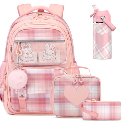 Bevalsa Kids Backpack for Girls with Insulated Water Bottle, Plaid Pink Bookbag Backpack for Girls Kid, 14oz Termos Kids Water Bottle Stainless Steel, Lunch Bag & Pencial Case, Back To School Gift