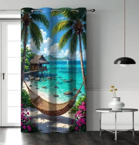 Image of Digital Printed Curtain with Pink Rose and Butterfly Design, 7 Feet, Grommet Top, White (4, Beach, 7 Feet)