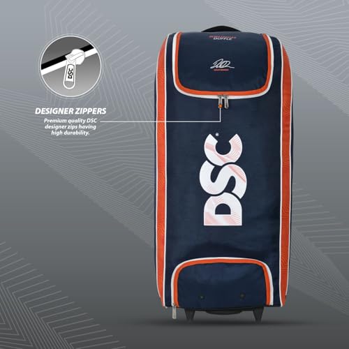 Image of DSC Krunch Duffle Cricket Kit Bag with Wheels - Large Capacity Sports Equipment Travel Bag for Professional Players, Color - Navy /Orange