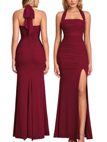 Women Bodycon Maxi Dress High Slit Halter Tie Ruched Long Formal Cocktail Wedding Guest Dresses Wine