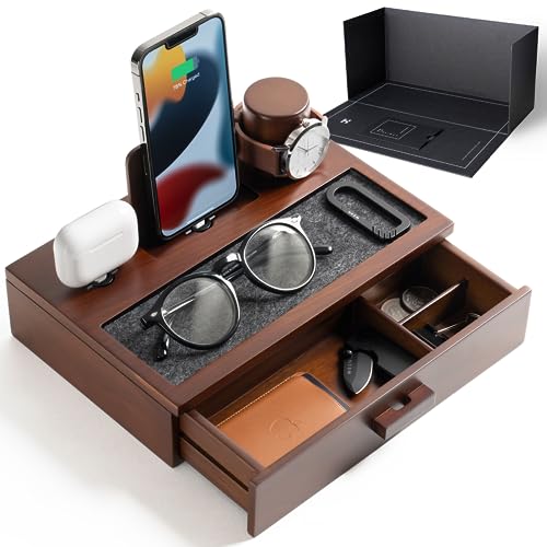Nightstand Organizer for Men - Unique Birthday Gift - Wood Phone Docking Station to Charge Your Phone & Earbuds - Wood Charging Station with Lined Tray & Drawer - Mens Docking Station