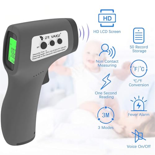 Image of DR VAKU Digital Thermometer For Fever Non-Contact Laser Infrared Forehead Thermometer Temperature Gun Accurate Reading with Large Display [Battery Included] - Grey