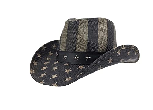 Deadwood Trading Liberty - American Flag Shapeable Straw Cowboy Hat (Medium) Black