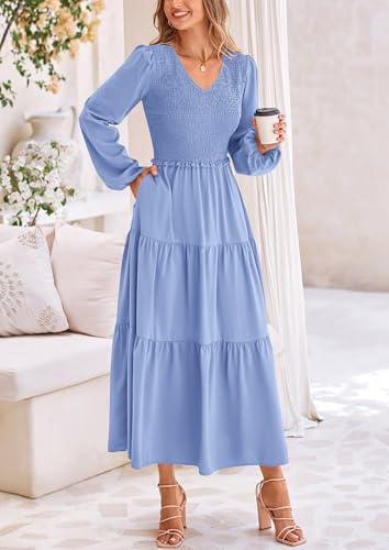 Image of PRETTYGARDEN Fall Dresses for Women 2025 Casual Long Sleeve V Neck Smocked A Line Long Flowy Wedding Guest Dress (Light Blue,X-Large)