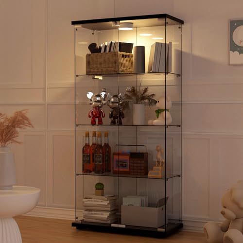 Glass Display Cabinet with LED Lights — 4-Shelf Lockable Tempered Glass Showcase, 65 x 32 x 14.3 Inches — Adjustable Multi-Color Lighting for Modern Home & Commercial Use, Black