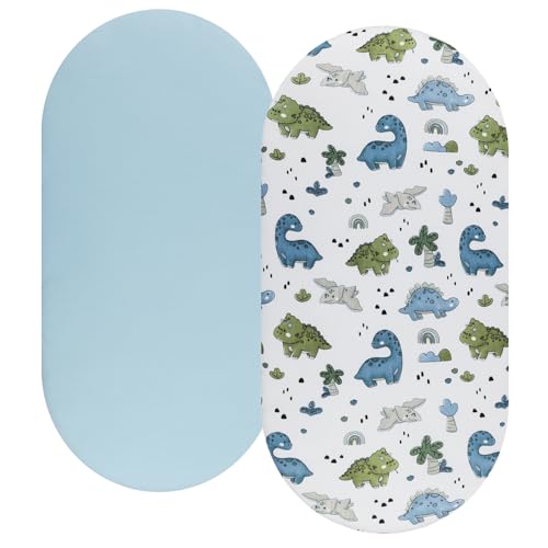 Image of Bassinet Sheet Set 2 Pack Snug Fitted Cradle Fitted Sheets, Stretchy Ultra Soft, for Oval Rectangle Hourglass Bassinet Mattress, Unisex Boy Girl, Light Blue & Dinosaur