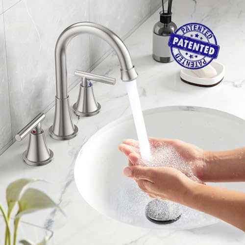 Bathroom Faucets for Sink 3 Hole, Hurran Brushed Nickel Bathroom Sink Faucet with Pop-up Drain and Supply Lines, Stainless Steel Lead-Free Widespread Faucet for Vanity RV Farmhouse Sink thumbnail 2