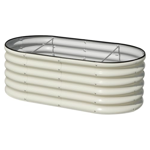 SnugNiture 4x2x1.5ft Raised Garden Bed Outdoor, 17" Tall Galvanized Metal Planter Box, Oval Raised Garden Bed Kit for Planting Vegetables Plants Fruits, Beige White